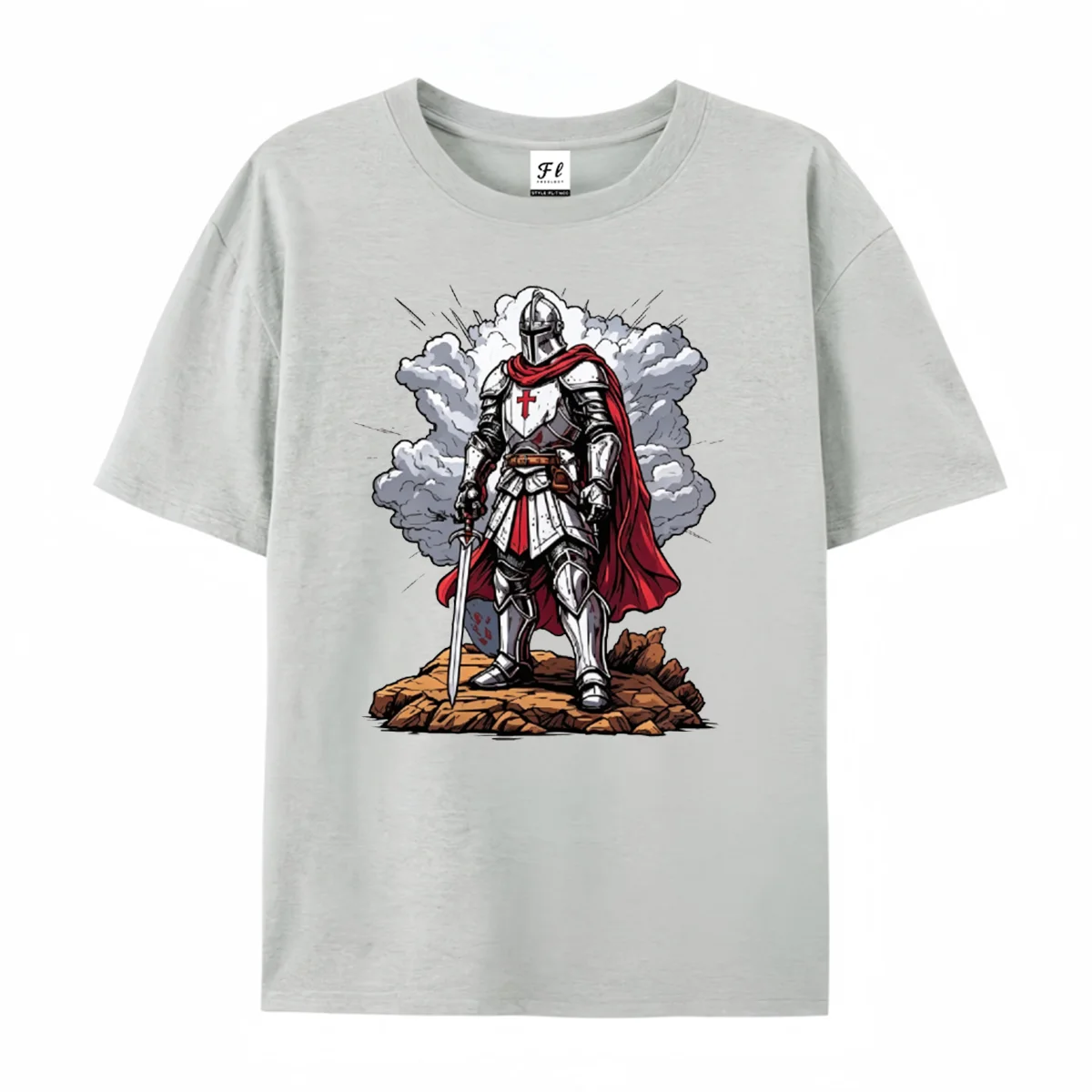 Medieval Crusader Knight Graphic T‑Shirt Men Retro Warrior Armor Red Cloak Sword Print Tees Vintage History Lovers Casual Tees