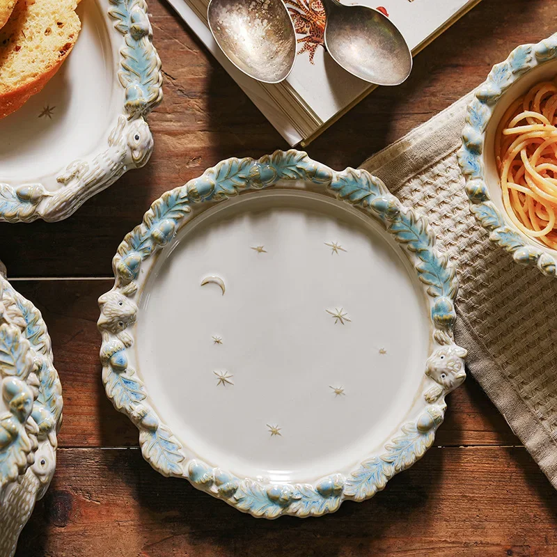 Retro Embossed Western Plate Ceramic Tableware Salad Dessert Pasta Steak Rice Bowl Dinner Pate Home Kitchen Use