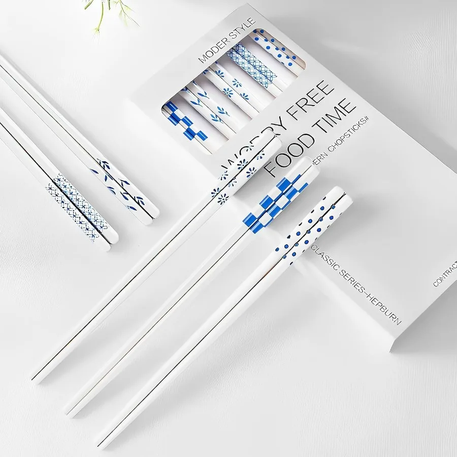 

Chopsticks Reusable Dishwasher Safe 5PC Blue Porcelain Chopsticks Hepburn StyleHighgrade Bone Ceramics with Delicate Box