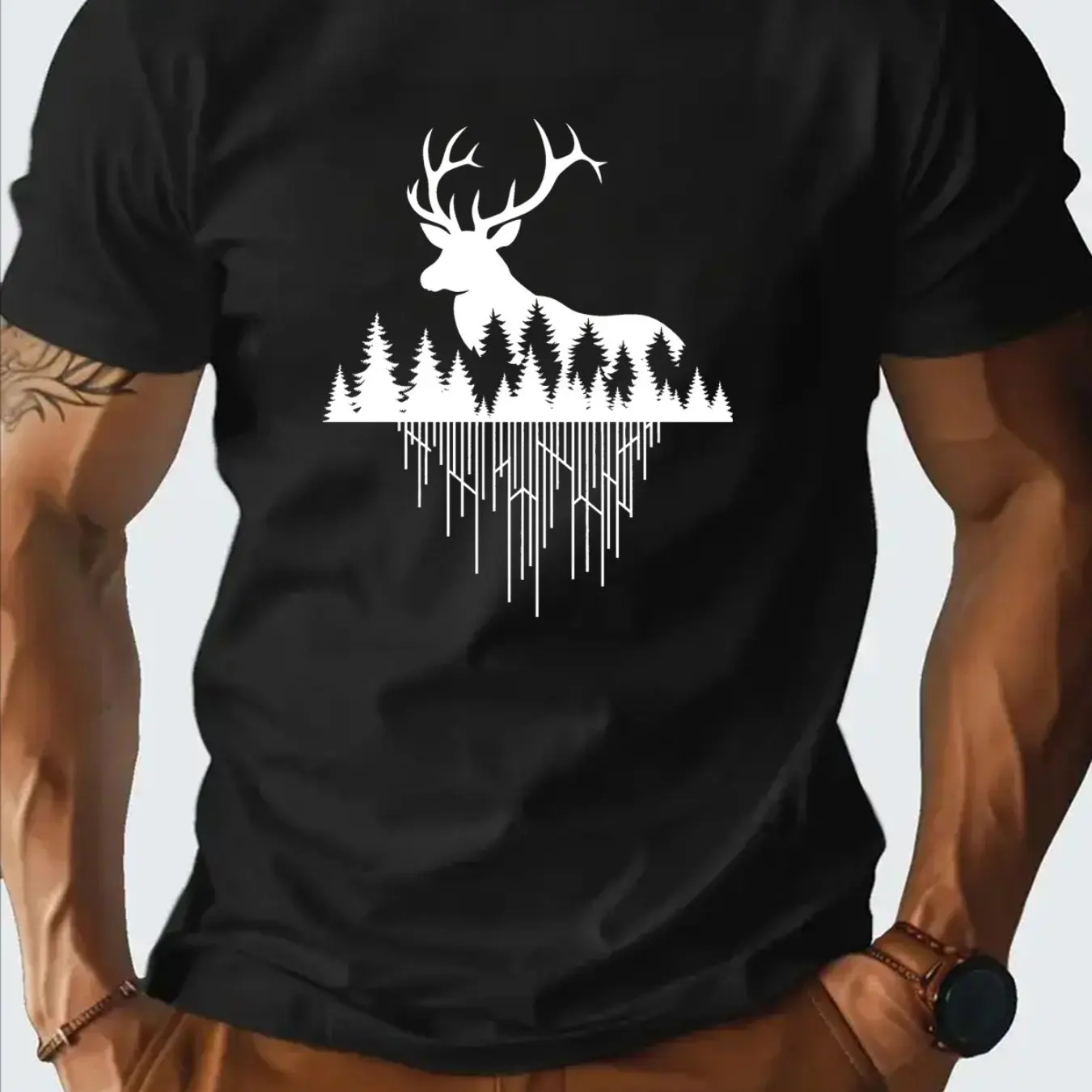 Men Cotton Nordic Deer Print T-Shirt Relaxed Fit Breathable Summer Tee with Forest Scene Design Machine Washable Casual Top