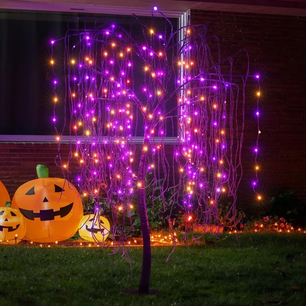 

7 Feet Halloween Willow Tree, 256 LED Lights for Home, Festival, Nativity,Party, and Christmas Decoration,Orange & Purple