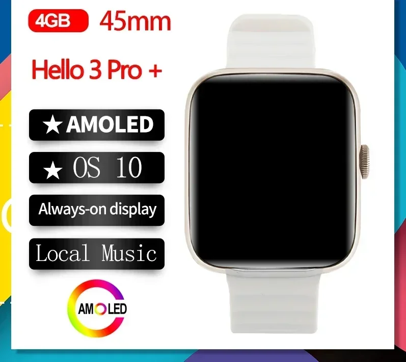 Hello 3 Pro + AMOLED 스마트 워치, 4GB ROM, 45mm 로컬 음악 녹음, 스마트워치 OS10 앨범 동기화, 여성 Qifit 2024