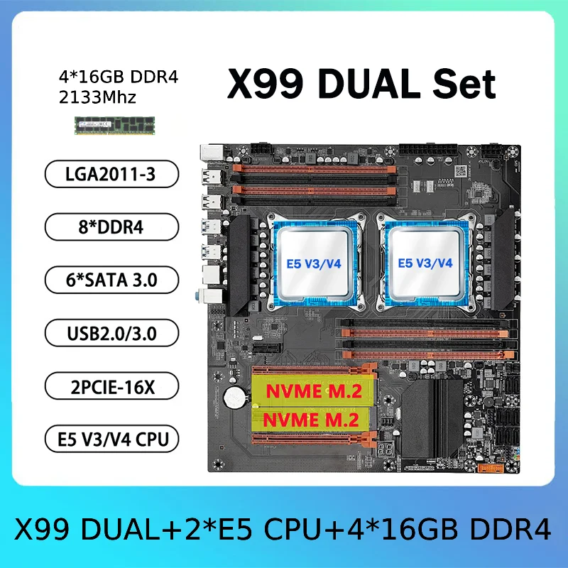 

Игровая материнская плата X99 с поддержкой двух процессоров E5 V3/V4, 4*16 ГБ оперативной памяти DDR4 2133 МГц, 2400 МГц, USB 3.0, SATA 3.0, Dual M.2 NVME