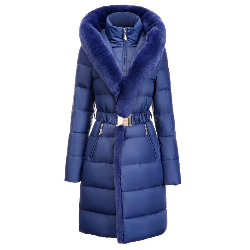 2022 Winter New Elegant Women Clothing Ladies Fur Collar Slim Thick Medium Blue Down Jacket for Women Casaco Inverno Feminine FC