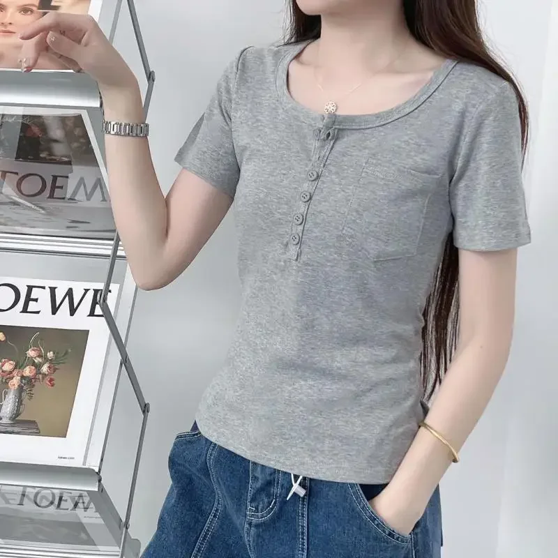 Women's Clothing Summer Short Sleeve Square Collar Tee Shirt Solid Button Pockets Loose Vintage Elegant Fashion Casual Tops