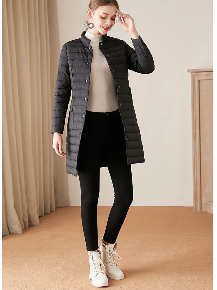 Chaqueta de plumón de manga larga para mujer, estilo de longitud media, cuello de pie ligero, bolsillos grandes, alta calidad, clásico, otoño