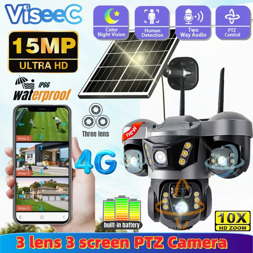 

4G Solar 3 lens Security Camera No wifi Outdoor Wireless 8K Color Night Version 360 Live View Motion Detection 2-Way Audio cam