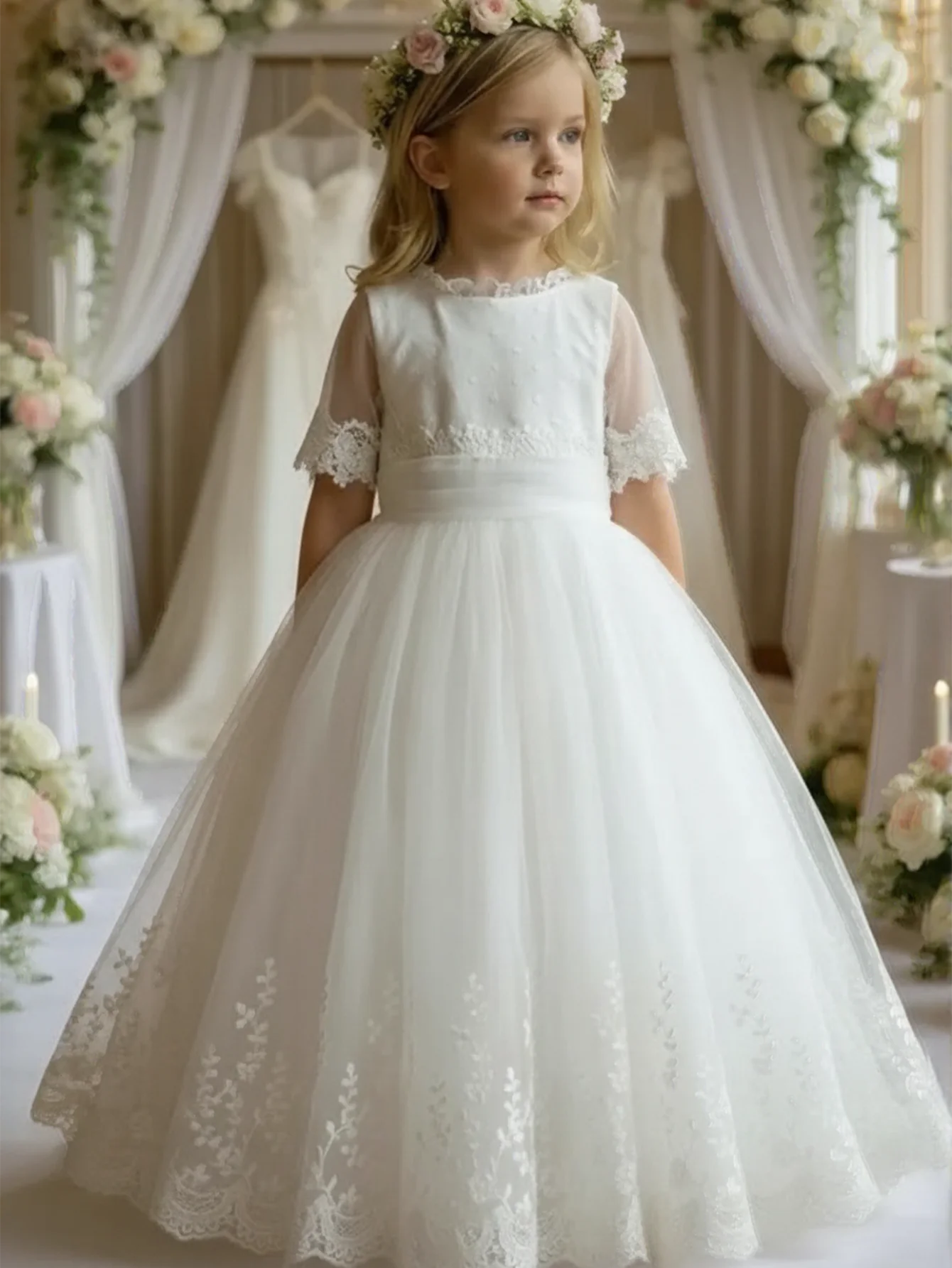 女の子用ポルカドットメッシュレースプリンセスドレスミッドスリーブバックレスガウンフラワーガール結婚式誕生日パーティーページェントホストフォーマルドレス