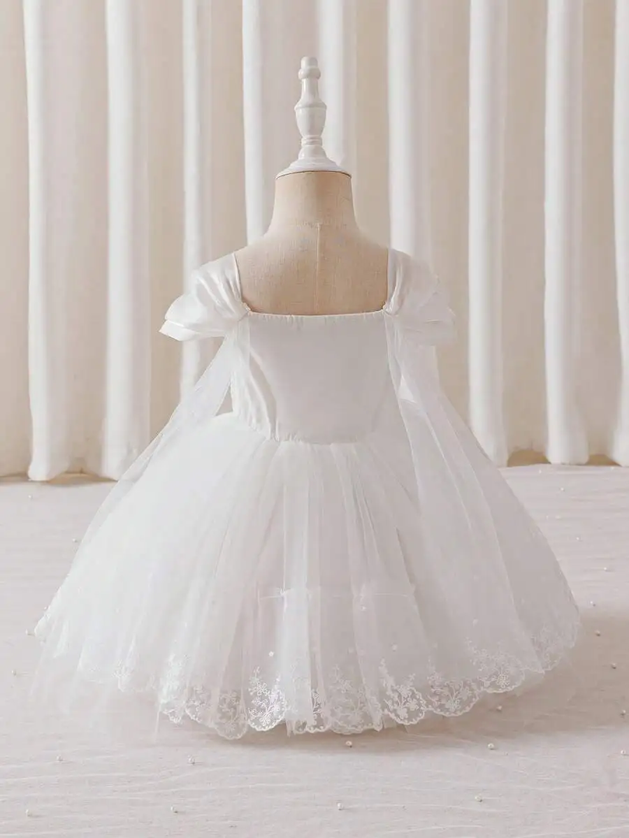 

White Lace Satin Ball Gown With Puffy Tulle Skirt Off Shoulder Formal Evening Dress