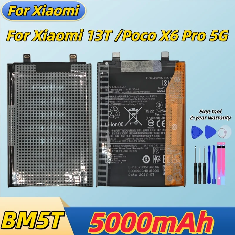 

Brand New lithium battery BM5T 5000mAh For Xiaomi 13T/Poco X6 Pro 5G Phone Replacement Batteries+Tools