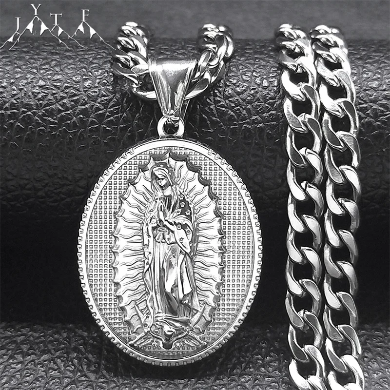 

Religious Virgin Mary Pendant Necklaces for Women Men Stainless Steel Our Lady of Guadalupe Christian Necklaces Jewelry NZZ407S0