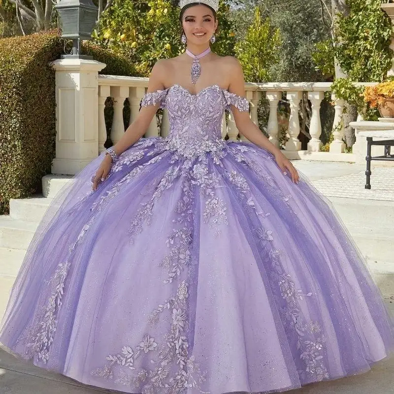 

Lavender Quinceanera Dress Ball Gown Lace Applique Beading Off Shoulder Corset Sweet 16 Vestidos De XV 15 Anos