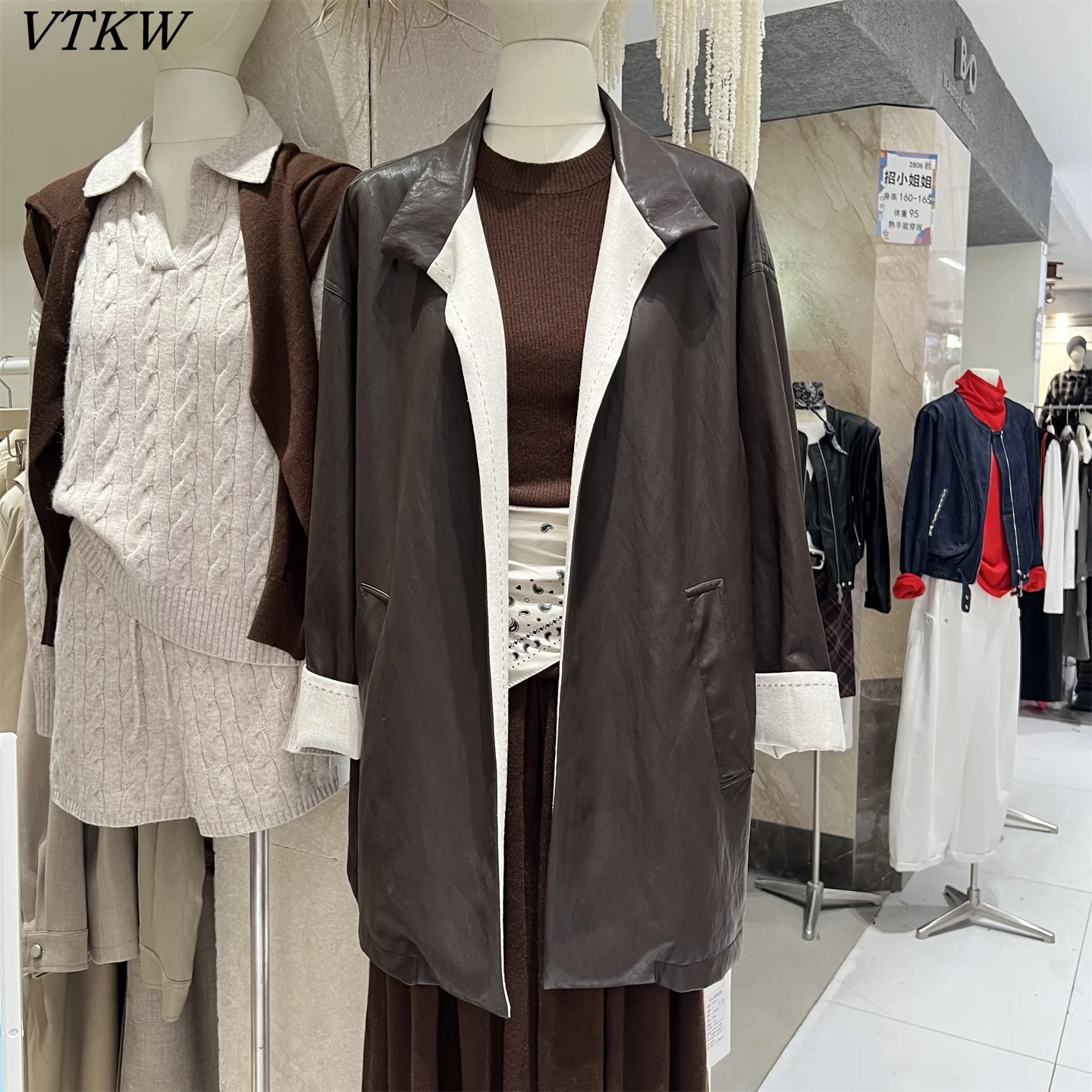 

VTKW Women’s Vintage Patchwork Colorblock Trench Coat Leather Trim Designer Midi Office Streetwear Autumn Winter 2025