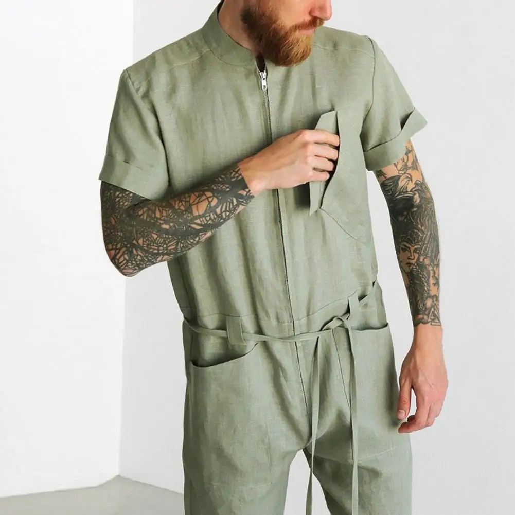 Men Jumpsuit Solid Color Short Sleeves Patch Pocket Zipper Fly Stand Collar Summer Romper One-piece Casual Overalls Trousers