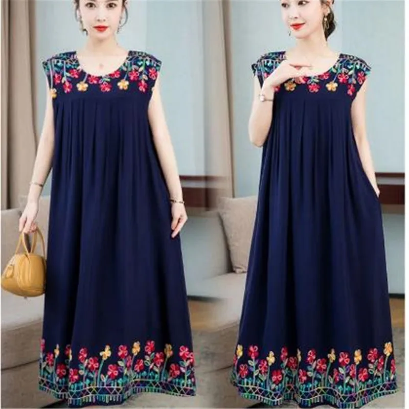 

Printed dress Neck Temperament Dresses Embroidery Graphic Casual Women's Clothing Knee Skirts Retro Thin Summer Dignified H-012