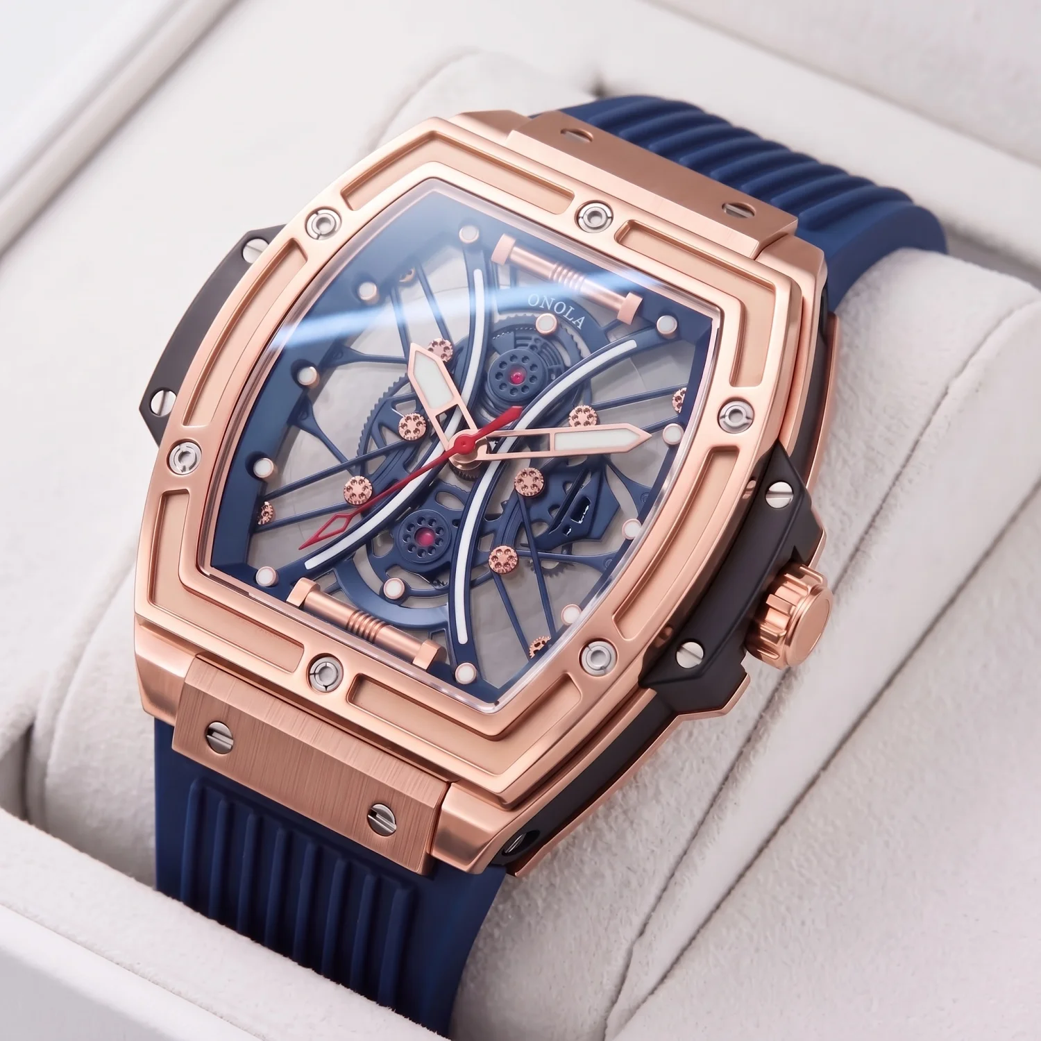 ONOLA men's quartz watch, transparent back cover design, luminous mark, stylish hollow dial, suitable for daily and party wear