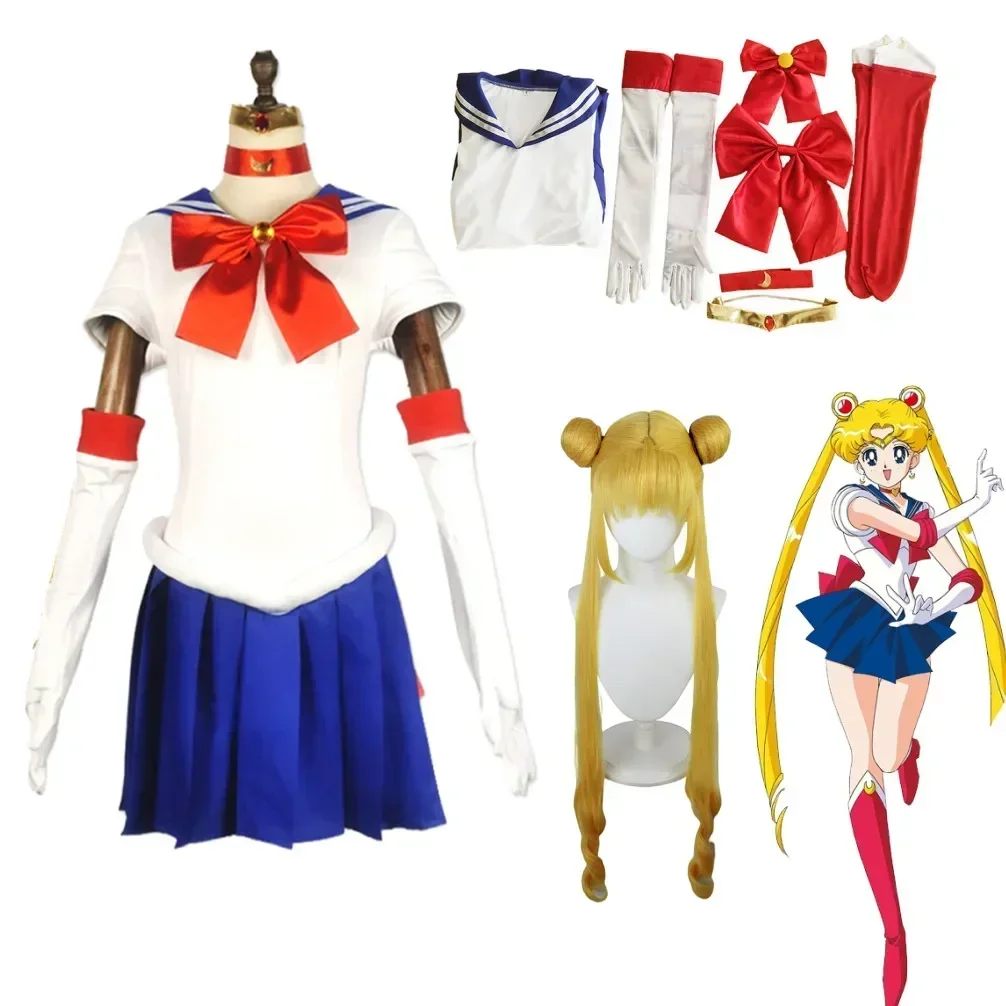 

Anime Sailor Moon Cosplay Costume Tsukino Usagi Uniform Dress Outfits Cosplay Yellow Wig Halloween Carnivl Party Women Kids