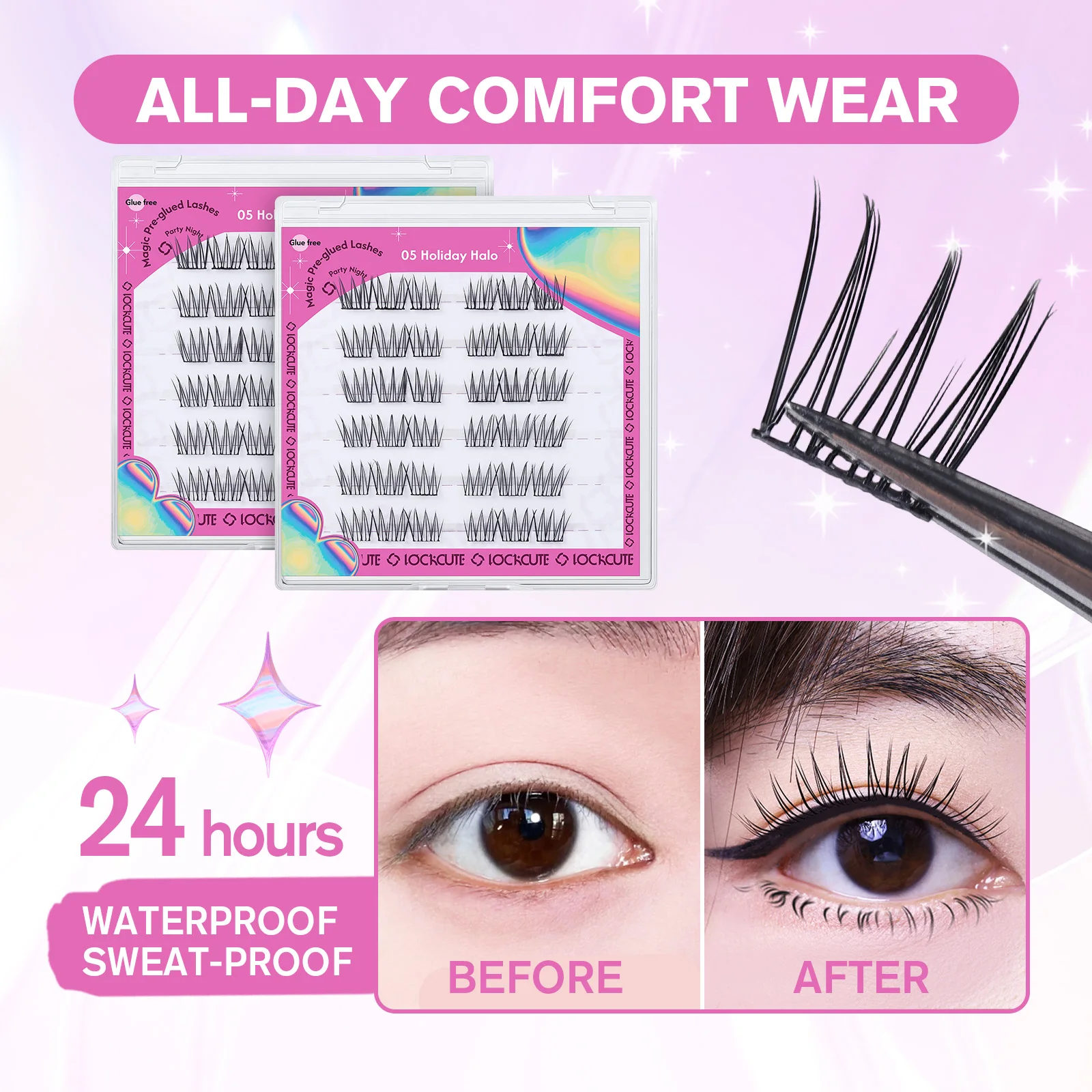 6 rijen/36 cluster voorgelijmde wimpers met pincet 24 uur vasthouden de hele dag comfort 9-12 mm wimperverlengingsset, feest dagelijks cosplay datum