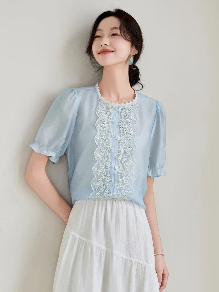 

SENTUBILA женская рубашка, лето 2029, кружевная свободная рубашка с пышными рукавами, синяя блузка с короткими рукавами и камзол 152CA1803