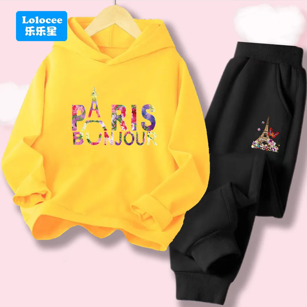 Kinder Paris Eiffelturm Blumendruck Hoodie & Jogginghose Set, Mädchen Casual Outfit, Modischer Kinder-Trainingsanzug für den täglichen Gebrauch BLH1