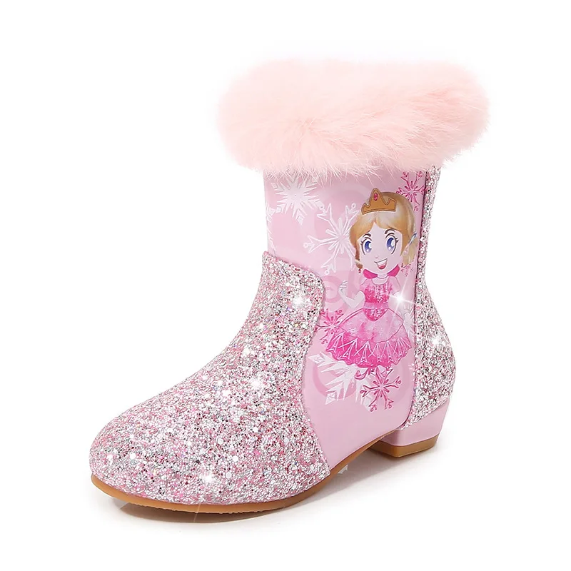 New Children\'s Short Boots Warm And Plush High Heeled Girls\' Shoes Fashionable And Cute Sequined Children\'s Snow Boots