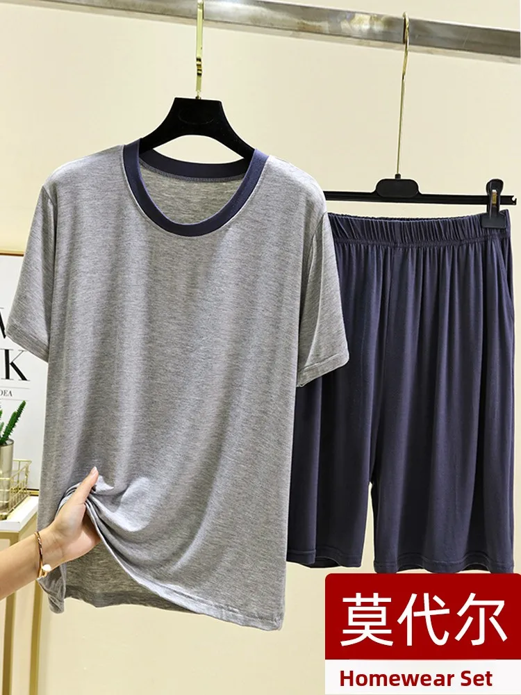 

Men's Thin Modal T-Shirt Shorts Set Summer round Neck Short Sleeve Loose Sleepwear Casual Loose Fit Home Clothes Outdoor Wear