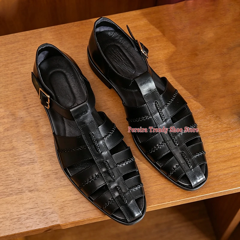 Men's Retro Cowhide Roman Sandals Summer Breathable Open Toe Hollow Belt Buckle Casual Shoes British Style Party Male Shoes - view 3