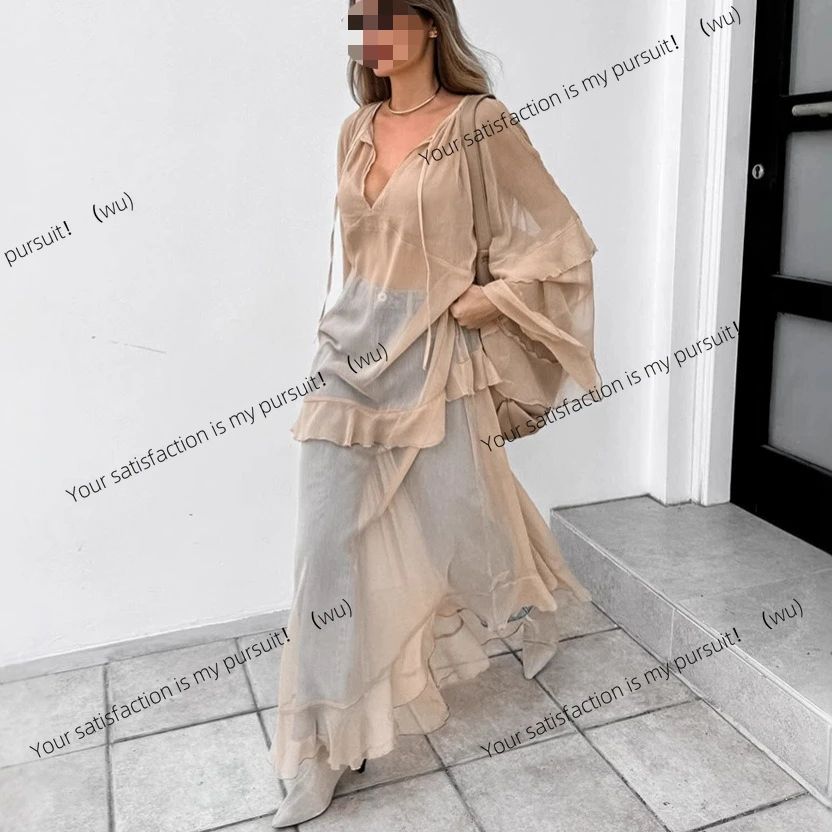 

Spring and summer new ruffle leaf edge dress European and American fashion sunscreen blouse long dress women