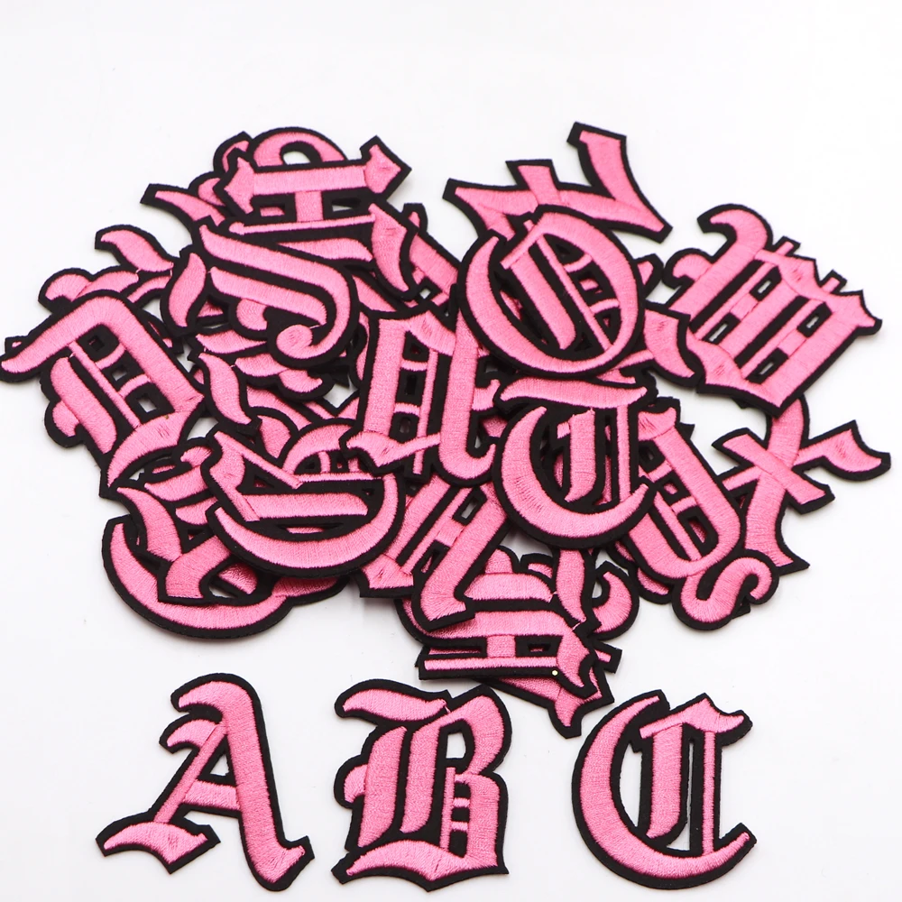 1PC A-Z Pink Old Alphabet Embroidery Letter Patches Iron-onTowel Garment Hats Bags Applique For Clothes Name Logo Diy