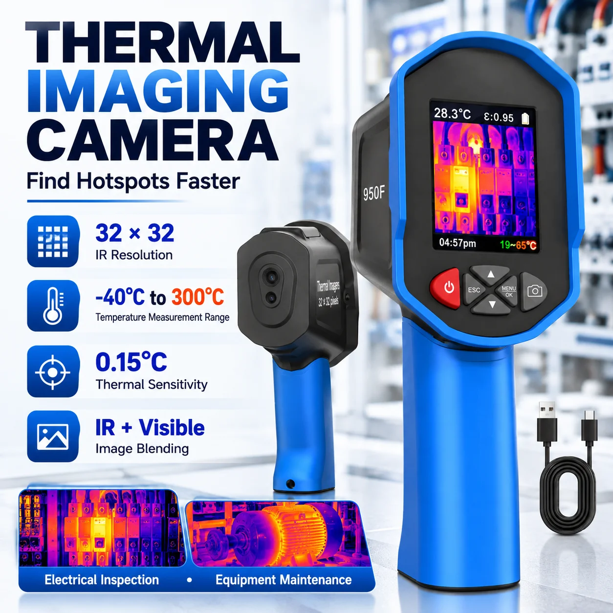 HoldPeak Thermal Imager 32x32 IR 300,000-Pixel Visible Camera -40°C to 300°C for Electrical Inspection & Fast Fault Detection