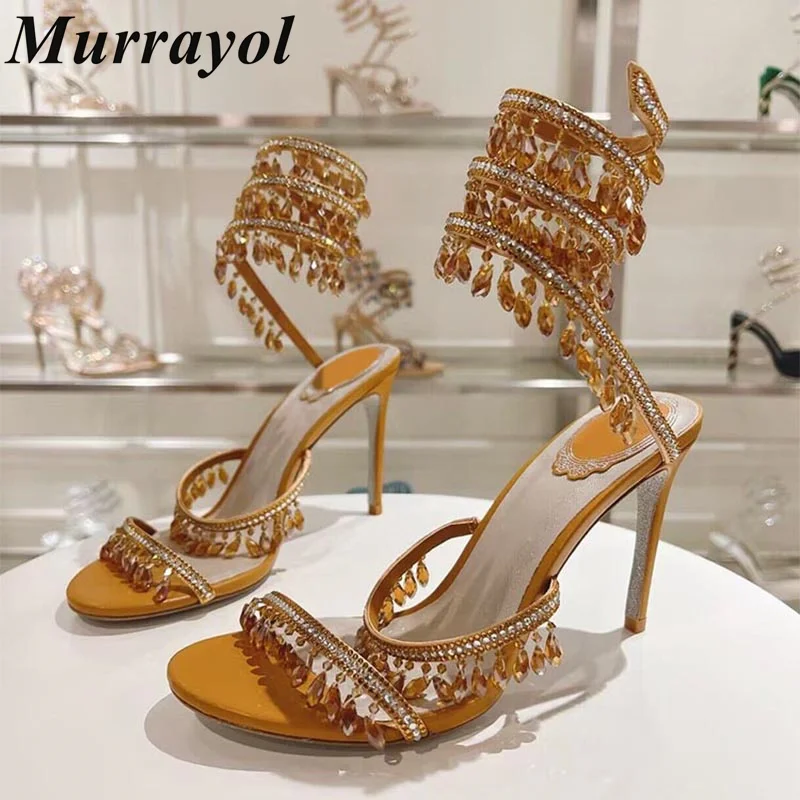 

Women Thin High Heels Tassels Rhinestone Decor Sandalias Ankle Snake Shaped Strap Entanglement Sandals Summer Party Dress Shoes