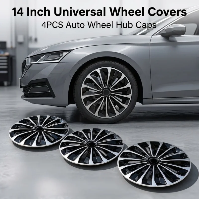 4Pcs 14 Inch Universal Car Wheel Hubcaps Black Silver Rim Covers Automotive Hub Caps Replacement Rims Protector Exterior Tuning