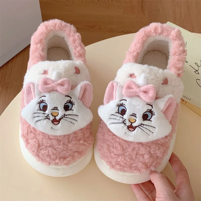 Disney Marie winter cartoon splicing plush non-slip wear-resistant flat bottom half-packed full-covered home cotton slippers