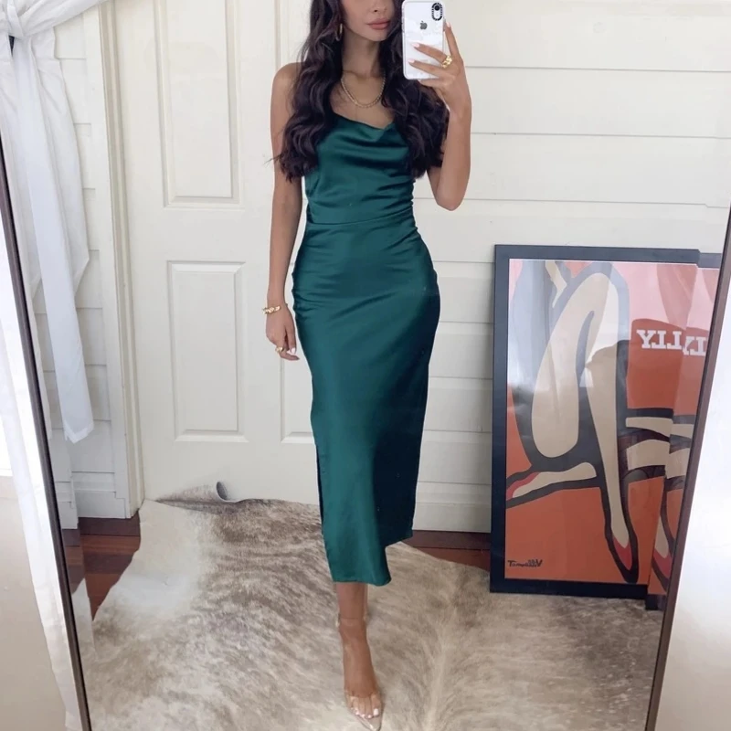 Summer Elegant Satin Long Dresses for Women 2024 Fashion Green Party Sexy Evening Dress Backless Vestido 21796