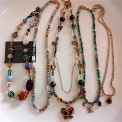 Handmade Colored Beaded Choker Acrylic Butterfly Metal Sun Moon Pendant Necklace Women Vintage Boho Aesthetic Rave Jewelry Gift