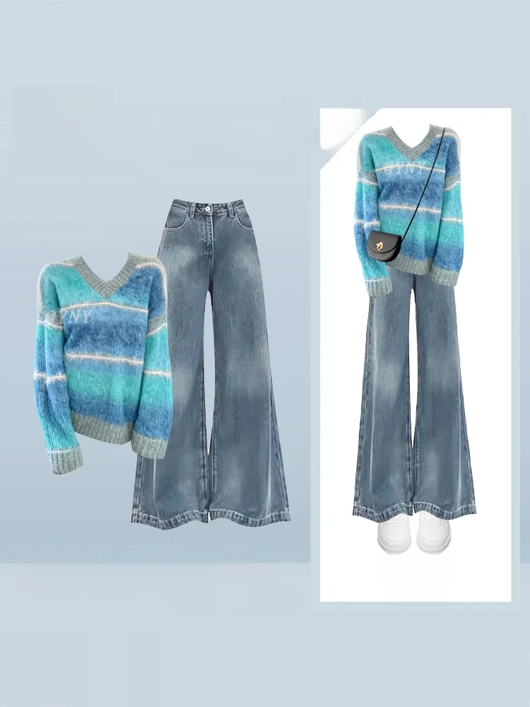 

Winter Blue Women's Knitted V-neck Sweater Wide-leg Jeans Set Color Block Stripes Casual Style Long Sleeve Student Work Uniform