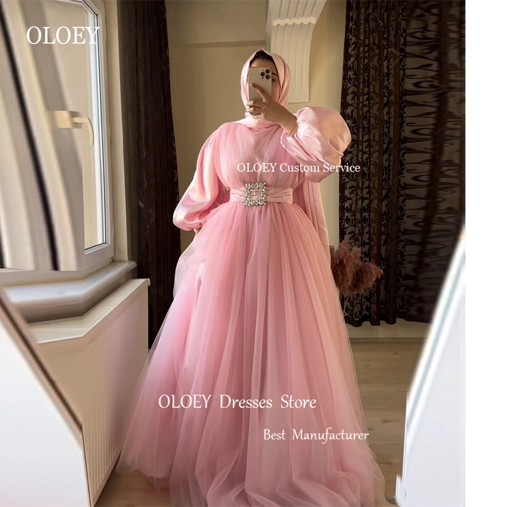 

OLOEY Modest Pink/Lavender Muslim Evening Dresses Puff Long Sleeves High Neck Tulle Prom Gowns Formal Bride Dress For Wedding