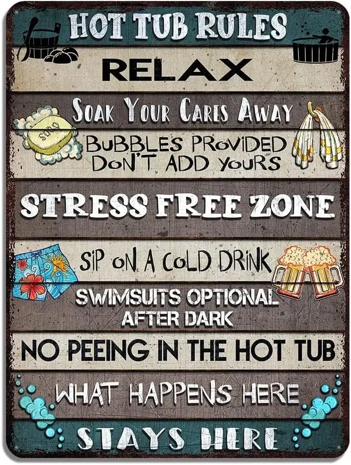 All Over Printed Hot Tub Rules Metal Sign 8x12 Inch, Hot Tub Sign, Funny Rules Sign, Bathroom Metal Sign, Decorations Sign, sign