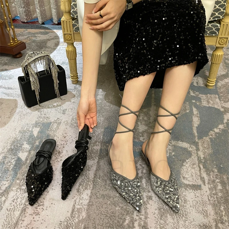 

Baotou Rhinestone Flat Bottom Ankle Strap New Summer New Women's High Heels Large Size Fashion Banquet Women's Pumps Shoes