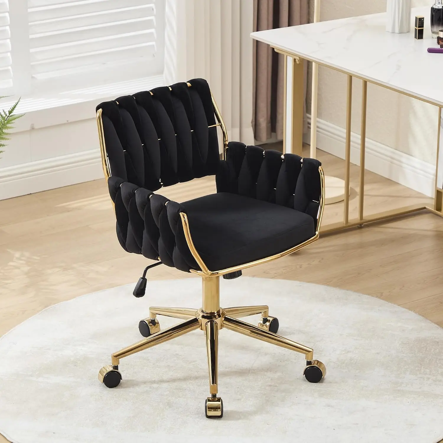 Velvet Vanity Chair with Hand Woven Backrest, Adjustable Gold Base, Black
