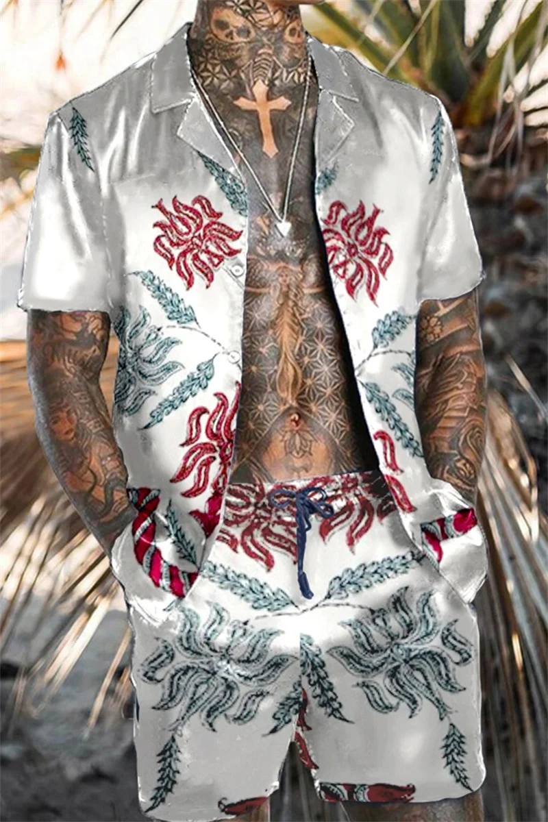 Retro ethnic style printed shirts two-piece summer men\'s short sleeved shirt set casual beach vacation men\'s clothing tops set