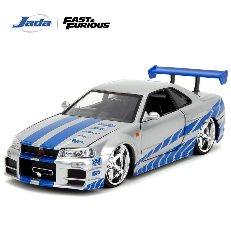 

JADA 1:24 Fast & Furious Nissan Skyline GT-R R34 Die-Cast Model - Iconic Silver & Blue Skyline with Opening Doors JD97158