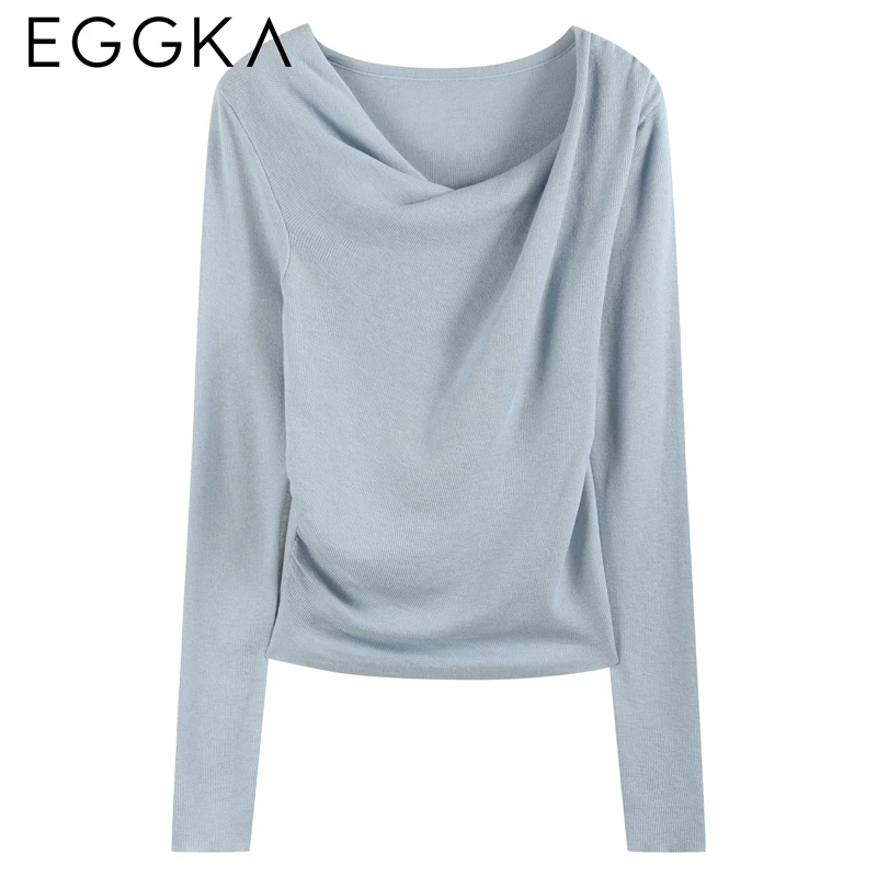 EGGKA Swing Collar Slim Knitwear Women 2024 Autumn Commuting Design Fashionable Tops Female Chic Long-sleeved Top Solid T-shirt