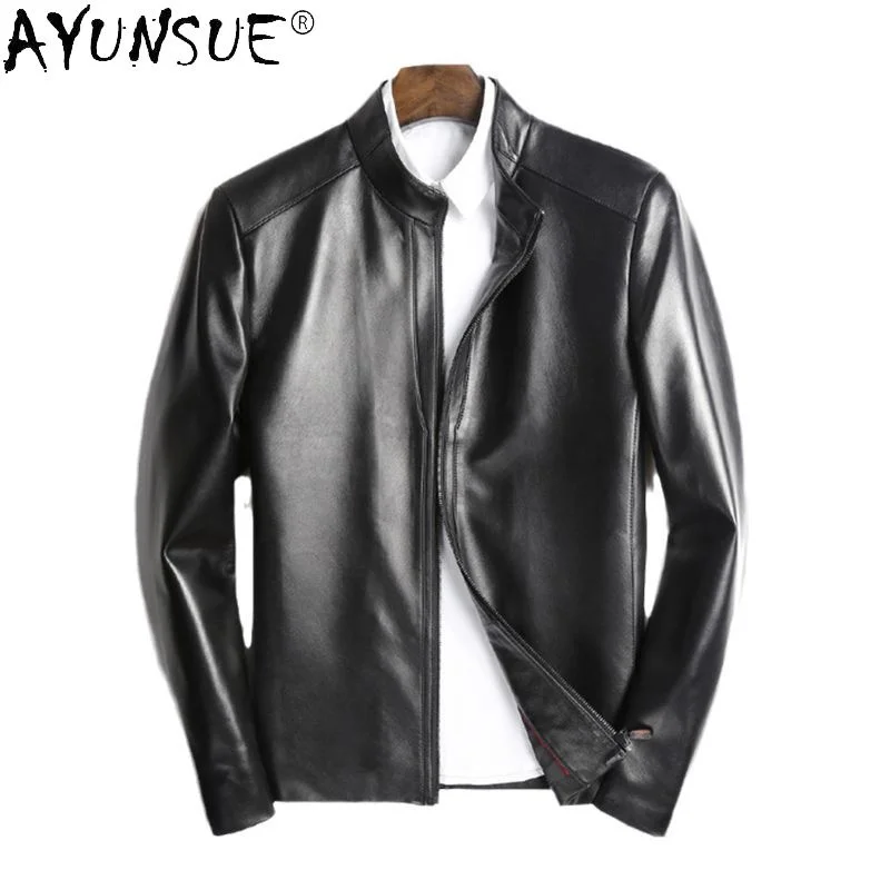 

Модная мужская кожаная куртка Casaul с воротником-стойкой, пальто из натуральной овечьей шкуры, Весенняя Мужская одежда, байкерские пальто и куртки WPY3350