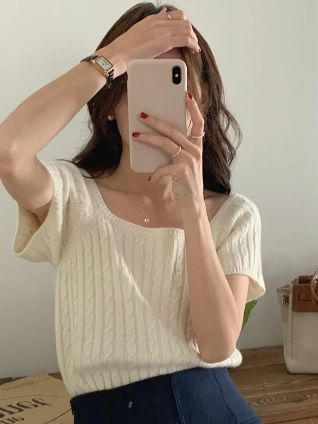 

Chic ort Knitted Sweater Women's Square Collar Twist Heavy Weave Loose Fit Versatile Fem Faion Spring Season Color