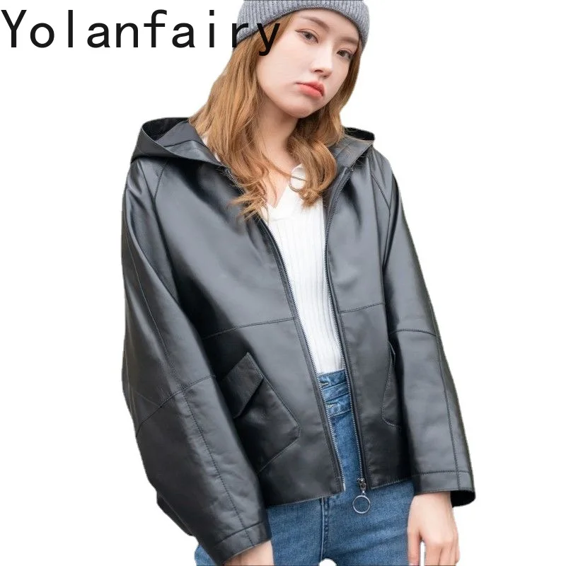 

YOLANFAIRY Leather Womens Jacket Genuine Sheepskin Outwears Loose Spring Summer Short Hooded Windbreaker Korean Coats New