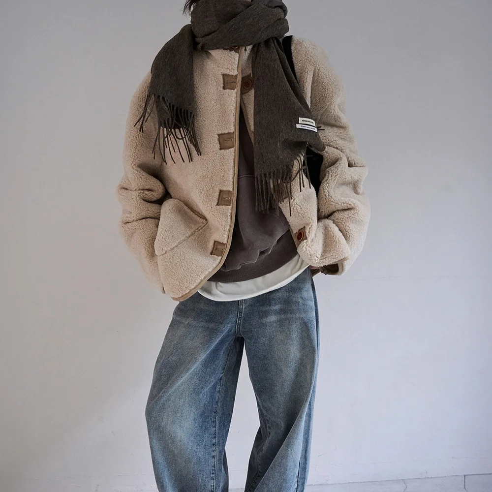 Jaet de piel de cordero para mujer, ropa de abrigo informal con diseño de un solo botón y cuello levantado, estilo callejero, coreano, para primavera, Otoño e Invierno