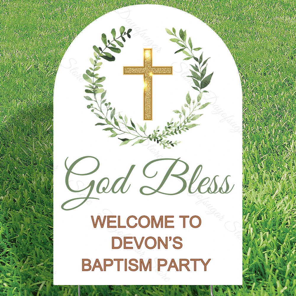 Personalized God Bless Welcome Sign Gold Cross Customized Bapstism Sign Board for Christening Baptism Communion Party Decoration