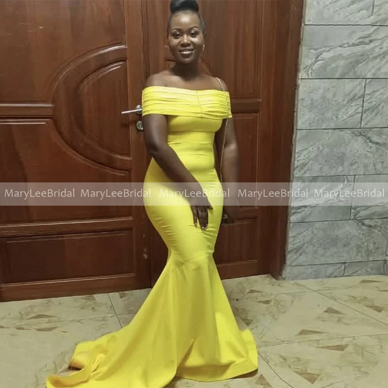 

Lemon Yellow Mermaid Bridesmaid Dresses African Women Boat Neck Simple Wedding Guest Dress Plus Size Brides Maid Of Honor Gowns