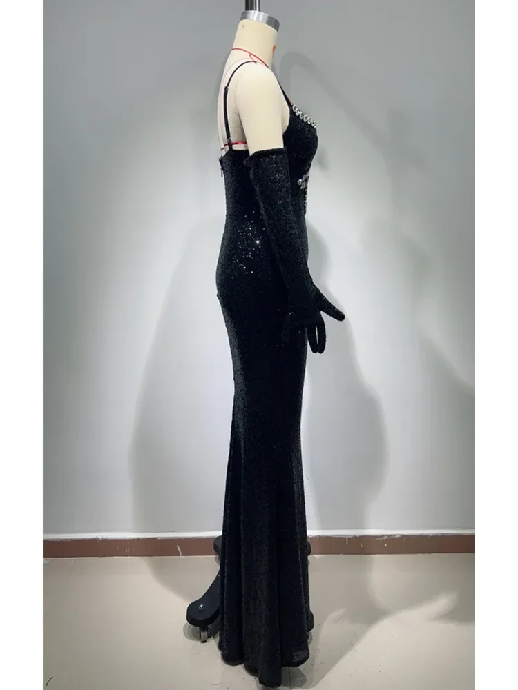 Luxury Designer Women Gala Dress Black Sexy Sleeveless Deep Neck Crystal Maxi Long Celebrity Evening Party Gowns High Quality